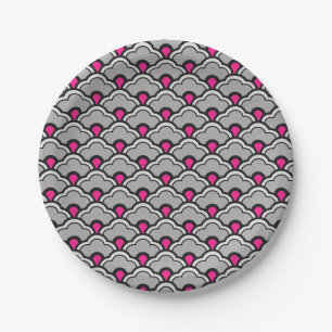 Deco Chinese Scallops, Grey / Gray, Black and Pink Paper Plates