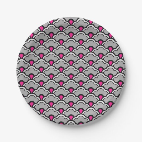 Deco Chinese Scallops Grey  Gray Black and Pink Paper Plates