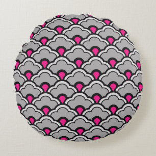 Deco Chinese Scallops, Grey / Gray, Black and Pink Round Pillow