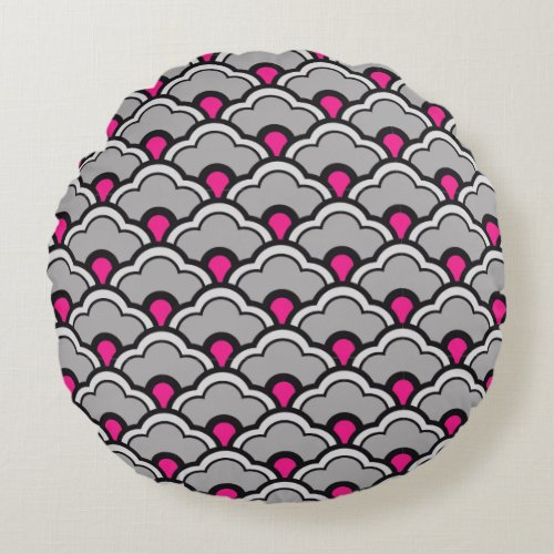 Deco Chinese Scallops Grey  Gray Black and Pink Round Pillow