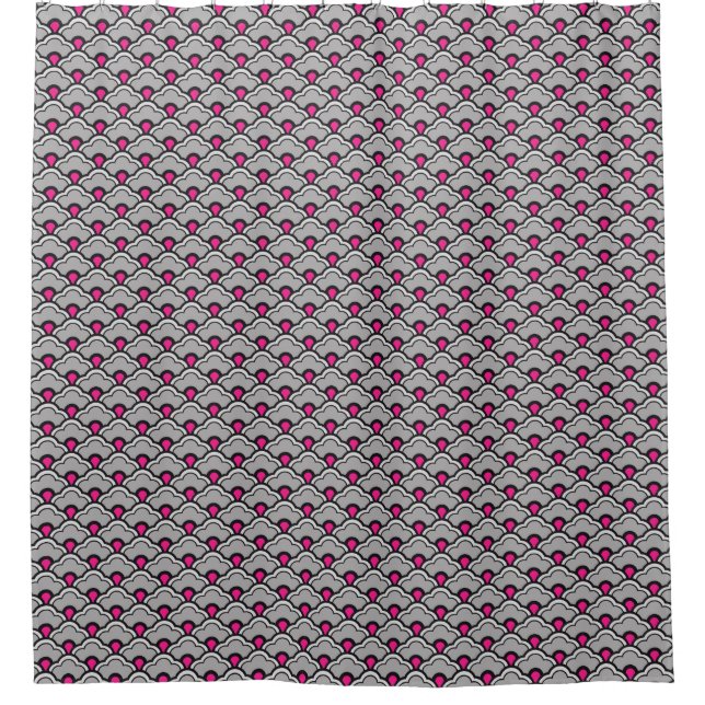 Deco Chinese Scallops, Grey / Gray, Black and Pink Shower Curtain (Front)