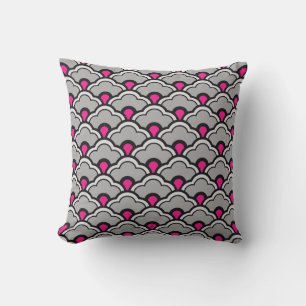 Deco Chinese Scallops, Grey / Gray, Black and Pink Throw Pillow