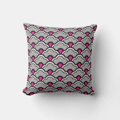 Deco Chinese Scallops Grey  Gray Black and Pink Throw Pillow