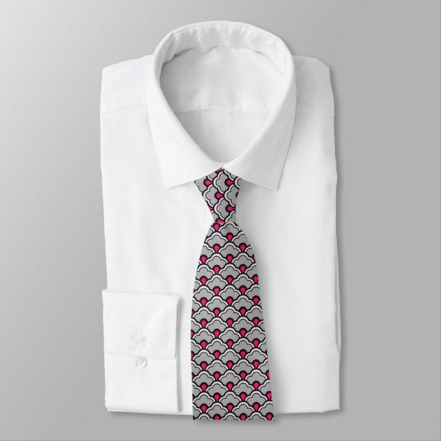 Deco Chinese Scallops, Grey / Gray, Black and Pink Tie (Tied)