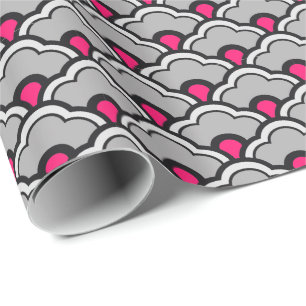 Deco Chinese Scallops, Grey / Gray, Black and Pink Wrapping Paper