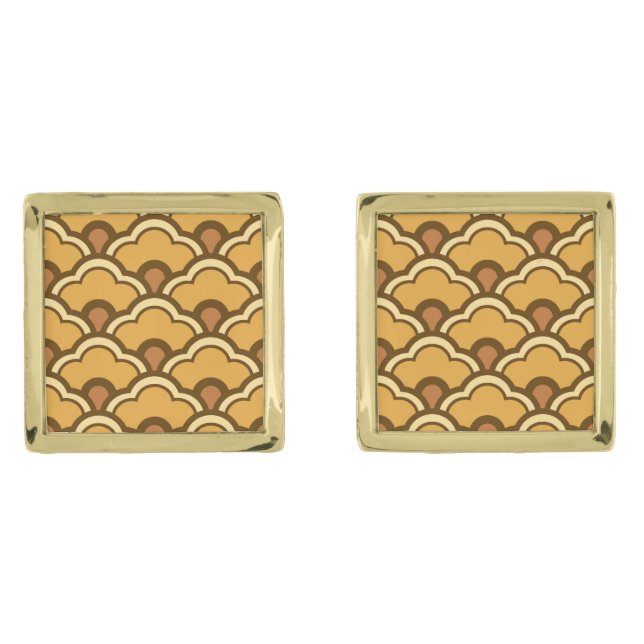 Deco Chinese Scallops, Mustard Gold and Brown Cufflinks (Front)