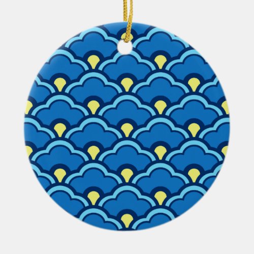 Deco Chinese Scallops Ocean Blue and Indigo Ceramic Ornament