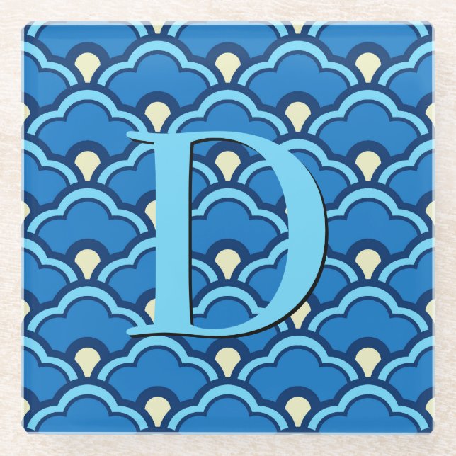 Deco Chinese Scallops, Ocean Blue and Indigo Glass Coaster (Front)