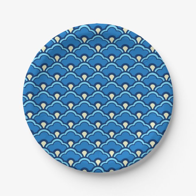 Deco Chinese Scallops, Ocean Blue and Indigo Paper Plates (Front)