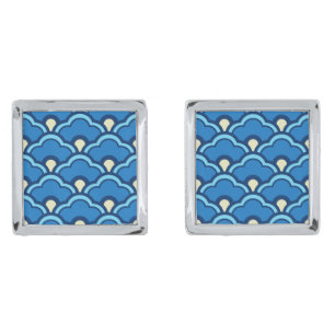 Deco Chinese Scallops, Ocean Blue and Indigo Silver Cufflinks