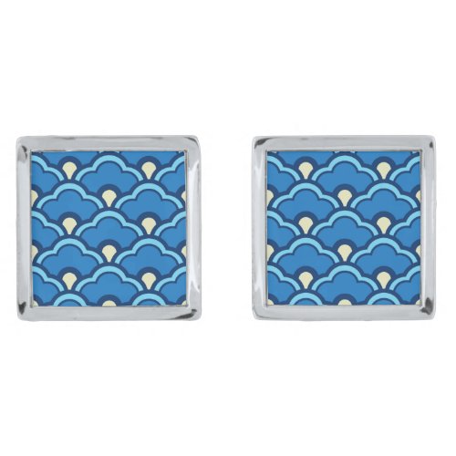 Deco Chinese Scallops Ocean Blue and Indigo Silver Cufflinks