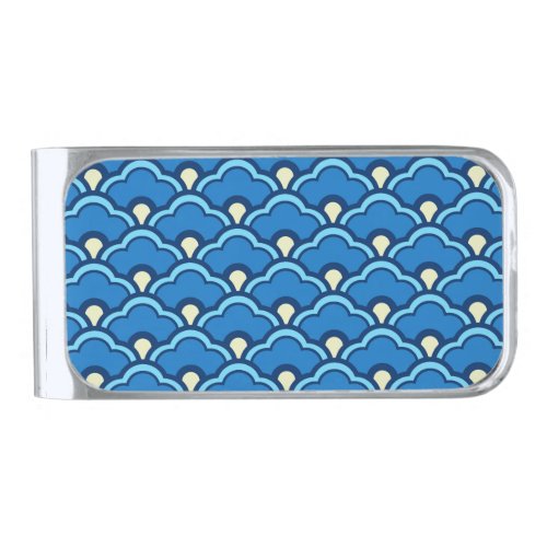 Deco Chinese Scallops Ocean Blue and Indigo Silver Finish Money Clip