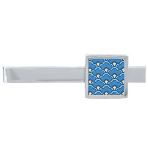 Deco Chinese Scallops Ocean Blue and Indigo Silver Finish Tie Clip