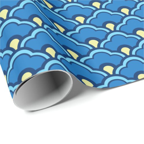 Deco Chinese Scallops Ocean Blue and Indigo Wrapping Paper