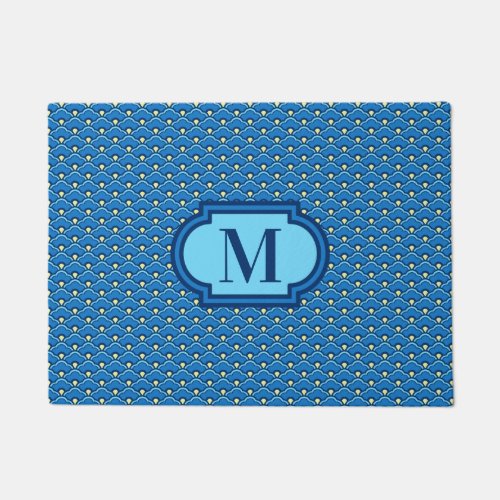 Deco Chinese Scallops Ocean Blue with Monogram Doormat