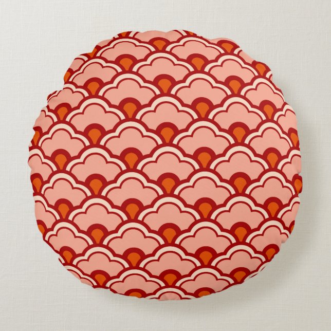 Deco Chinese Scallops, Peach, Rust and Cream Round Pillow (Front)