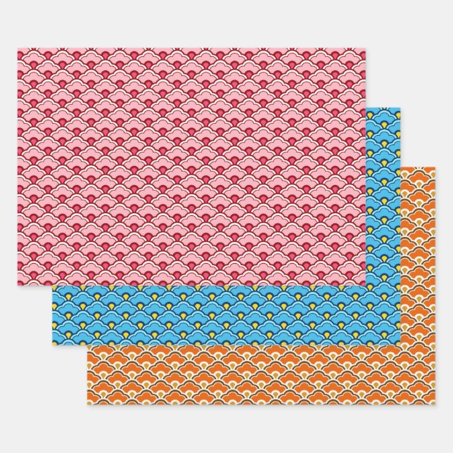 Deco Chinese Scallops, Peach, Turquoise, Orange   Wrapping Paper Sheets (Set)