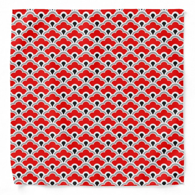 Deco Chinese Scallops, Red, Grey, Black and White Bandana (Front)