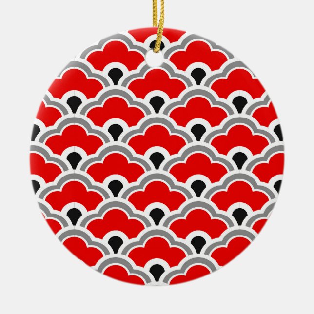 Deco Chinese Scallops, Red, Grey, Black and White Ceramic Ornament (Front)