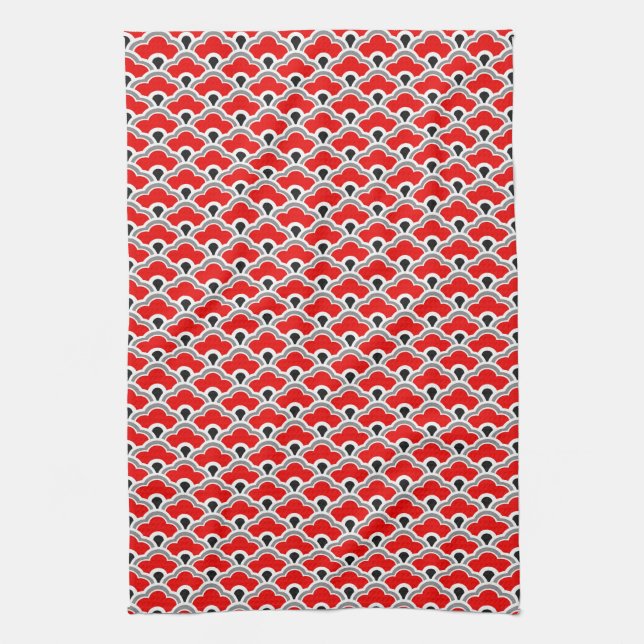 Deco Chinese Scallops, Red, Grey, Black and White Kitchen Towel (Vertical)