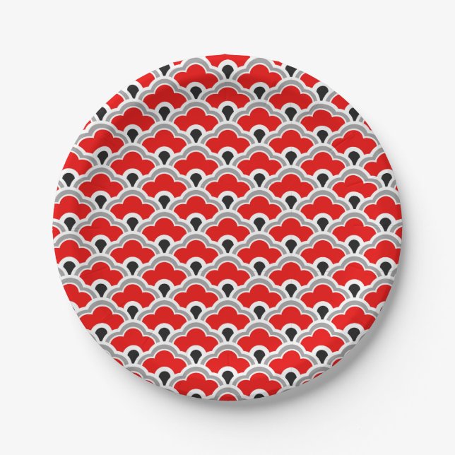 Deco Chinese Scallops, Red, Grey, Black and White Paper Plates (Front)