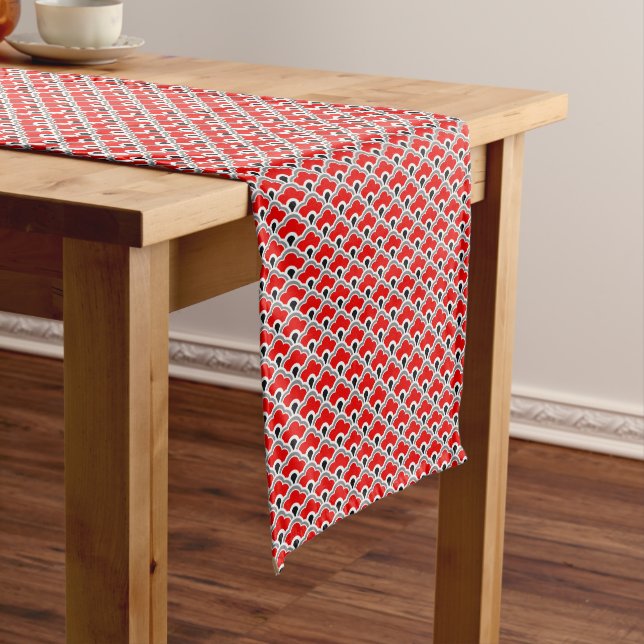 Deco Chinese Scallops, Red, Grey, Black and White Short Table Runner (In Situ)