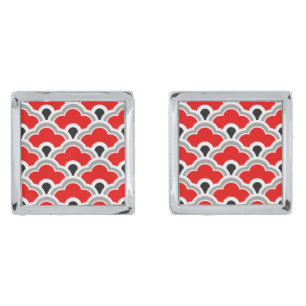 Deco Chinese Scallops, Red, Grey, Black and White Silver Cufflinks