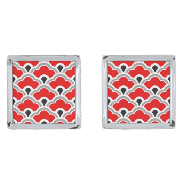 Deco Chinese Scallops, Red, Grey, Black and White Silver Cufflinks (Front)