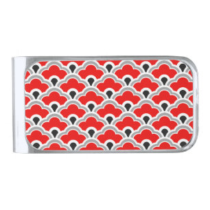 Deco Chinese Scallops, Red, Grey, Black and White Silver Finish Money Clip