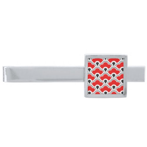 Deco Chinese Scallops Red Grey Black and White Silver Finish Tie Clip