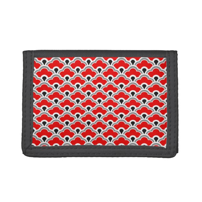 Deco Chinese Scallops, Red, Grey, Black and White Trifold Wallet (Front)