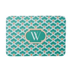 Deco Chinese Scallops, Teal, Aqua and Coral Bathroom Mat