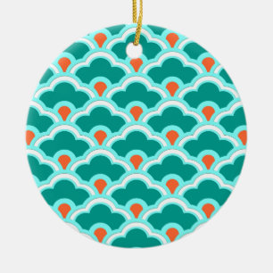 Deco Chinese Scallops, Teal, Aqua and Coral Ceramic Ornament