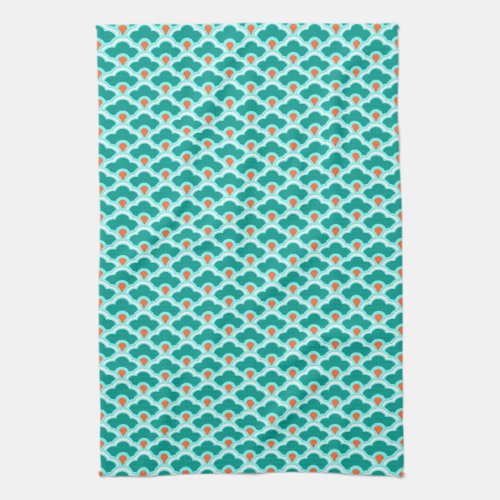 Deco Chinese Scallops Teal Aqua and Coral Kitchen Towel