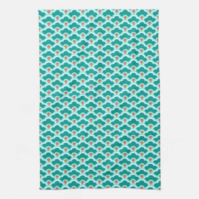 Deco Chinese Scallops, Teal, Aqua and Coral Kitchen Towel (Vertical)