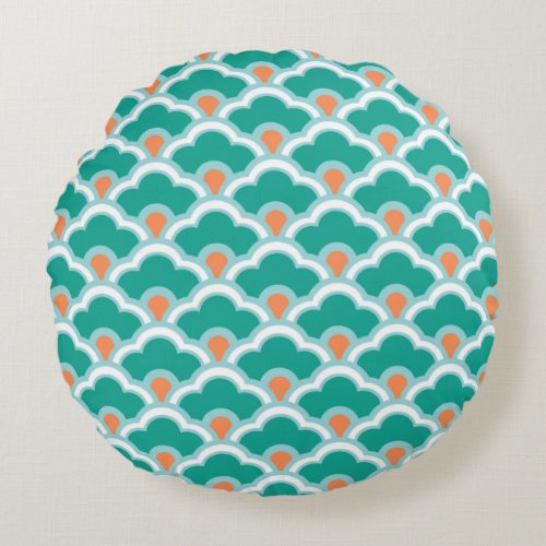 Deco Chinese Scallops Teal Aqua and Coral Round Pillow