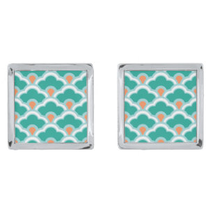 Deco Chinese Scallops, Teal, Aqua and Coral Silver Cufflinks