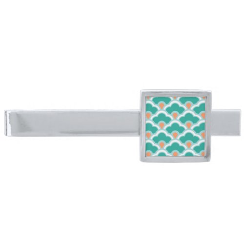 Deco Chinese Scallops Teal Aqua and Coral Silver Finish Tie Bar