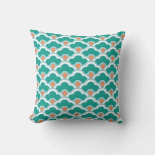 Deco Chinese Scallops Teal Aqua and Coral Throw Pillow