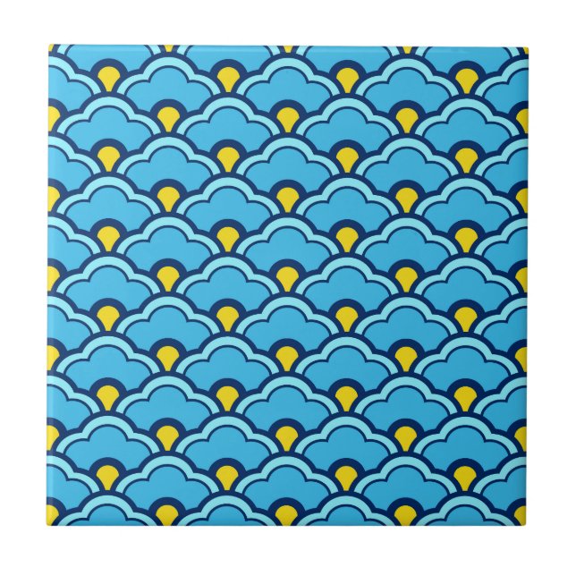 Deco Chinese Scallops, Turquoise and Aqua Ceramic  Ceramic Tile (Front)