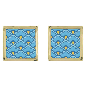 Deco Chinese Scallops, Turquoise and Aqua Gold Cufflinks