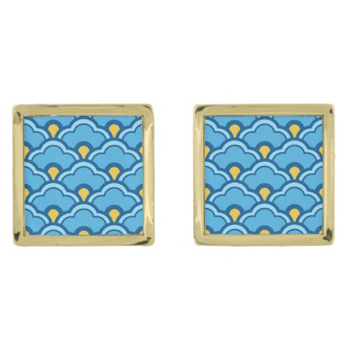Deco Chinese Scallops Turquoise and Aqua Gold Cufflinks