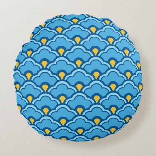 Deco Chinese Scallops Turquoise and Aqua Round Pillow