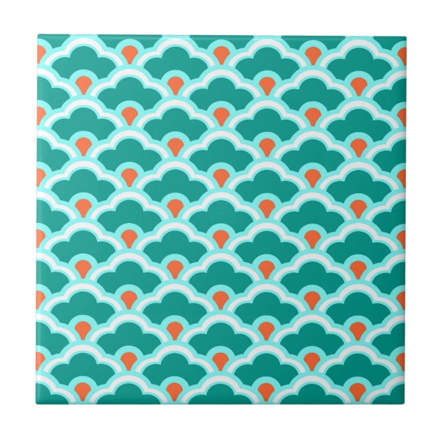 Deco Chinese Scallops, Turquoise and Coral  Ceramic Tile (Front)