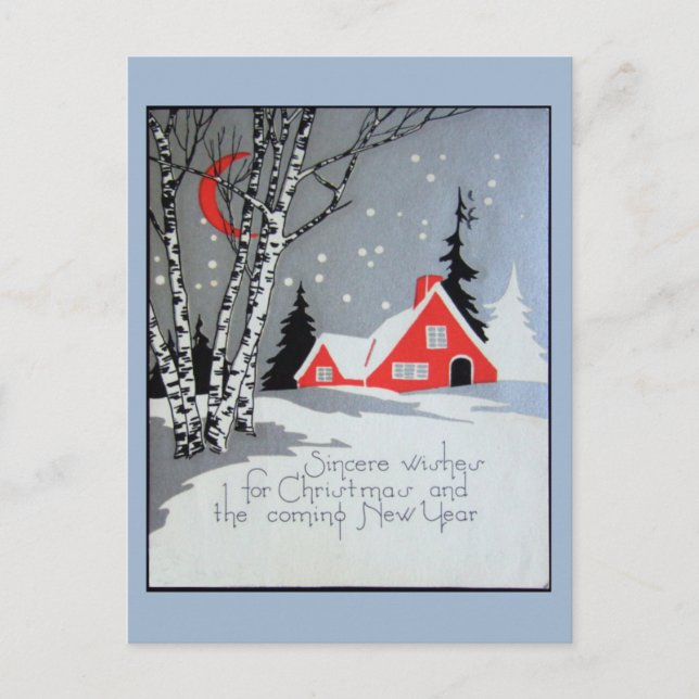 Deco Christmas post card with house and moon (Front)