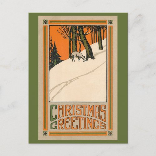Deco Christmas postcard with deer snow and trees