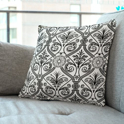 Deco Damask style vintage pattern black and white Throw Pillow