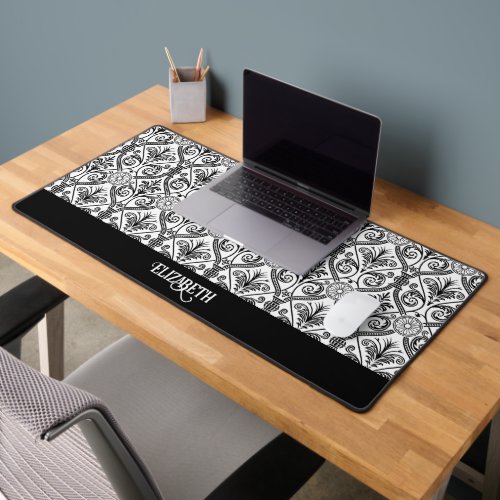 Deco Damask style vintage pattern black white name Desk Mat