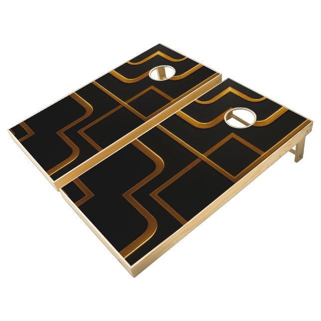 Deco Deco Grid Opulent  Black Gold Geometric Party Cornhole Set (Angled)