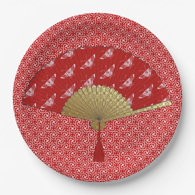 Deco Fan -  Butterflies, Dark Red and White Paper Plates (Front)